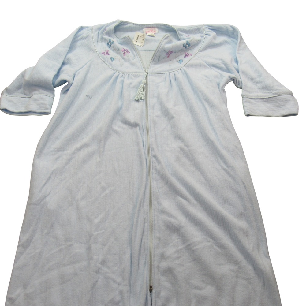 Amanda Paige Blue Floral Embroidered Zip Front Robe Housecoat 1X New